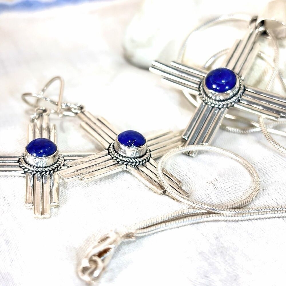Native American Sterling Silver Lapis Zia Necklace & Earrings Set Andrew Ruiz